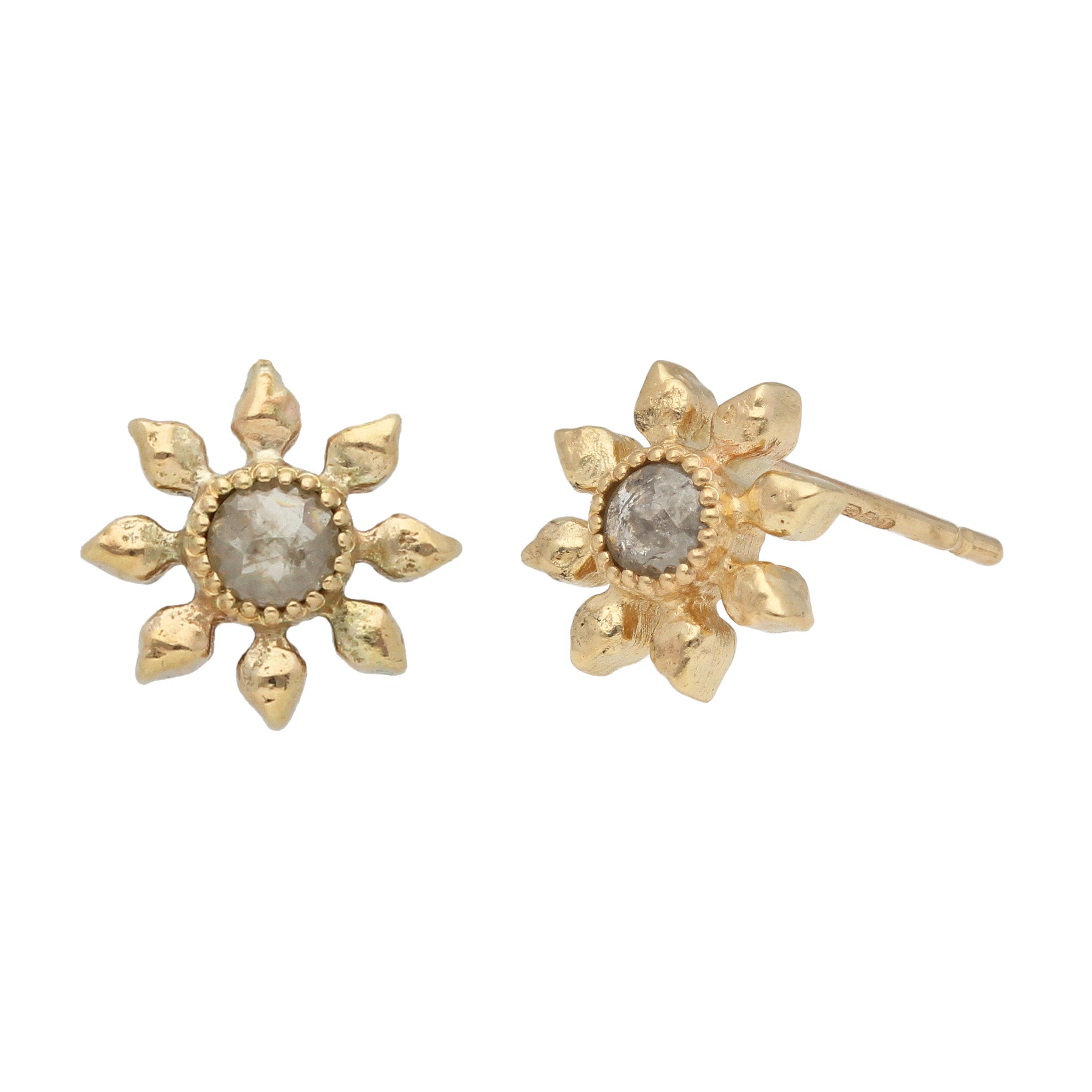 Rose Cut Diamond 9ct Recycled Gold Flower Earrings